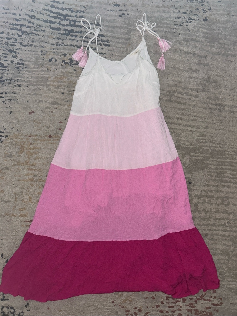 eesome White to Dark Pink Ombre Tiered Midi Dress with Tassel Straps